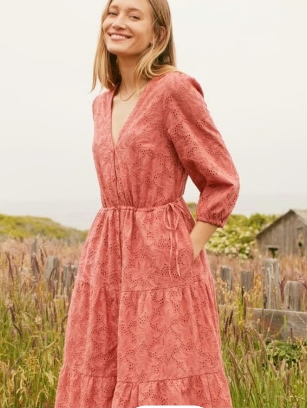 Marine Layer Rust Eyelet Button-Front Midi Dress
